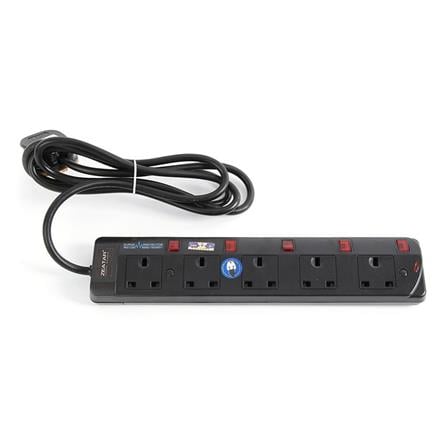 ZEATAR TRAILING SOCKET NEON & SURG 5 GANGS 3 PINS ZS515N 2 METERS BLACK