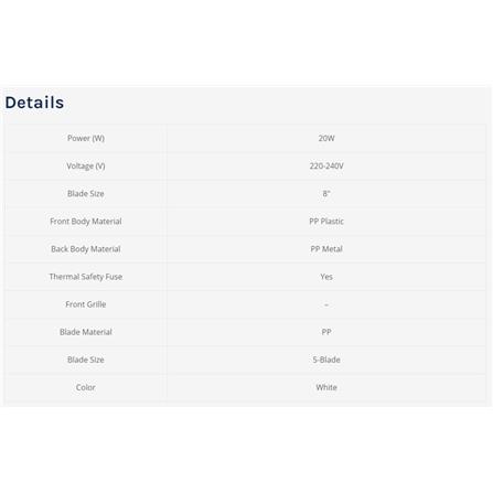 ELBA GLASS VENTILATION FAN EVF-E0815 8INCH 20WATT WHITE