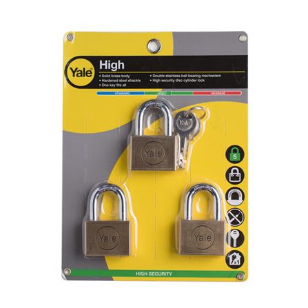 YALE 45MM KEYED ALIKE PADLOCK BD45P3 3EA/PACK BRASS