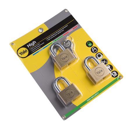 YALE 45MM KEYED ALIKE PADLOCK BD45P3 3EA/PACK BRASS