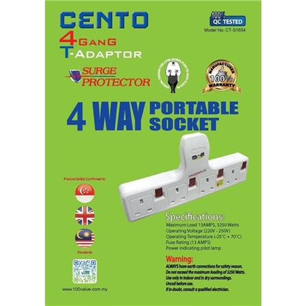 4 WAY T-ADAPTOR WITH NEON + SURGE CT-S1634 CENTO