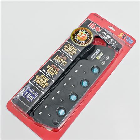 MORRIES EXTENSION SOCKET 4GANG 1.5M WITH NEON & 2-USB BLACK MS3344USB