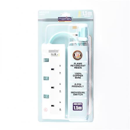 MORRIES EXTENSION SOCKET 3GANG 1.5M WITH NEON GREEN MS3233-1.5
