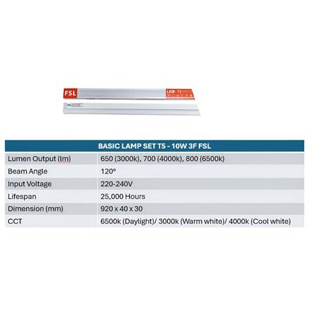 BASIC LAMP SET T5 LED 10W 3FT 3000K FSL