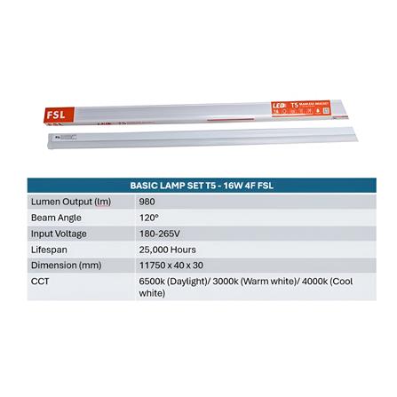 BASIC LAMP SET T5 LED 16W 4FT 4000K FSL