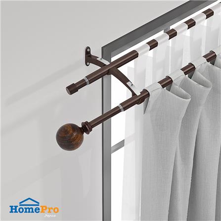 HLS DOUBLE CURTAIN ROD WOOD BALL 110 - 210CM BROWN
