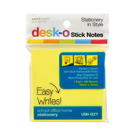 UNICORN STICK NOTE 76X76MM 100 PIECES YELLOW 122Y