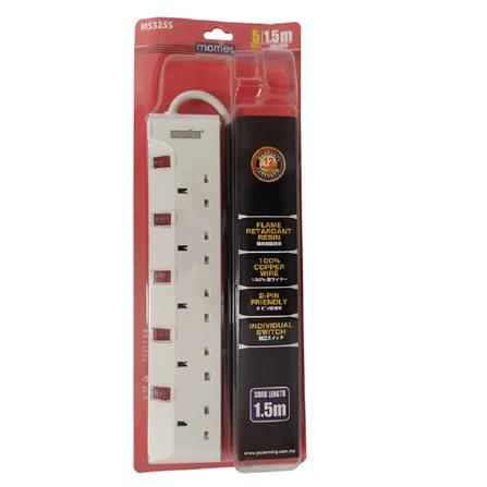 MORRIES EXTENSION SOCKET 5GANG 1.5M WITH NEON WHITE MS3255-1.5