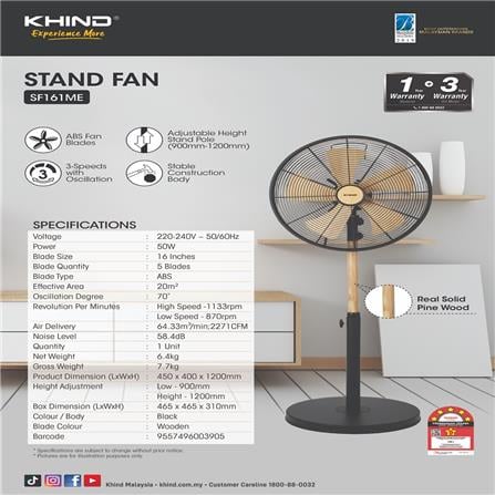 KHIND STAND FAN SF161ME 16" 50WATT 5BLADES 3SPEED