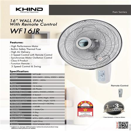 KHIND WALL FAN WF16JR REMOTE 16 INCH 50WATT 3BLADE 3SPEED