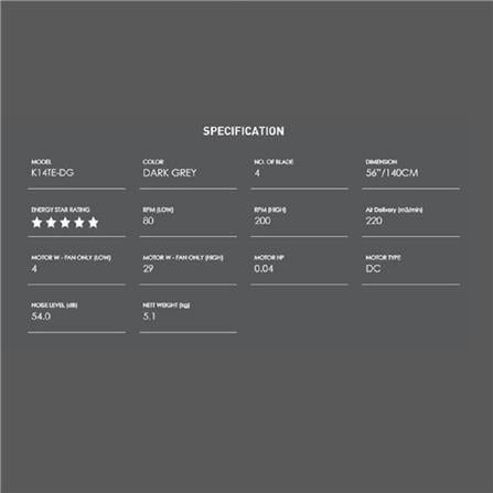 KDK CEILING FAN K14TE-DG DARK GREY 4BLADES 56"