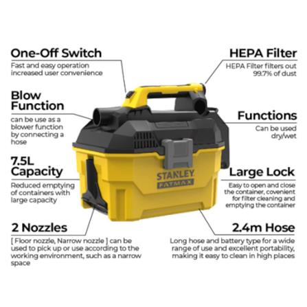 STANLEY CORDLESS 20V VACUUM CLEANER (SOLO)