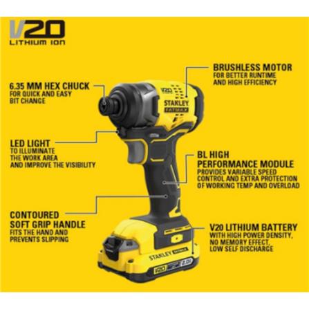 STANLEY&nbsp;CORDLESS 20V BRUSHLESS IMPACT DRIVER (X2 BATTERY INCLUDED)