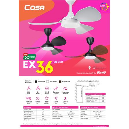 ALPHA COSA CEILING FAN EX36 3BLADE LED WALNUT ABS 36"