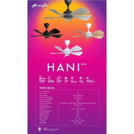 ALPHA CEILING FAN HANI 5BLADE MAPLE ABS 36"