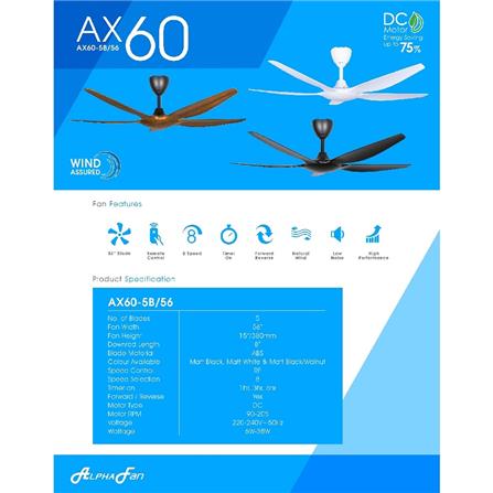 ALPHA CEILING FAN AX60 5BLADE BLACK ABS 56"
