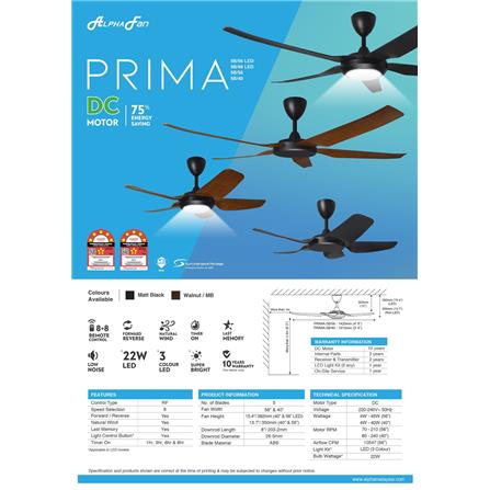 ALPHA CEILING FAN PRIMA 5BLADE WALNUT ABS 40"
