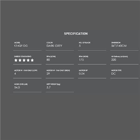 KDK CEILING FAN K14QF-DG DARK GREY 5BLADES 56"
