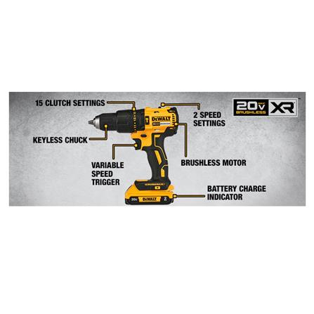 DEWALT CORDLESS 20V BRUSHLESS HAMMER DRILL (BATTERY INCLUDED)