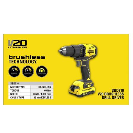 STANLEY CORDLESS 20V BRUSHLESS DRILL DRIVER (X2 BATTERY INCLUDED)