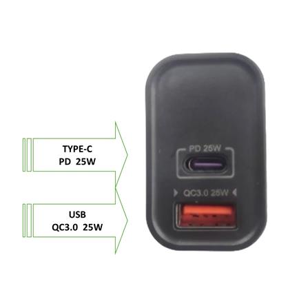 25W TYPE-C & USB ADAPTOR CHARGER ZA3725CU ZEATAR BLACK