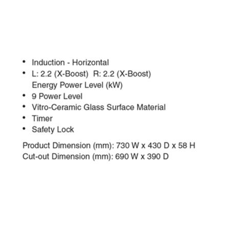 RUBINE INDUCTION HOB RIH-REKKA44-BL BLACK 73CM LEFT 2.2kW RIGHT 2.2kW
