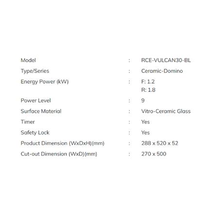 RUBINE DOMINO CERAMIC HOB RCE-VULCAN30-BL 29CM