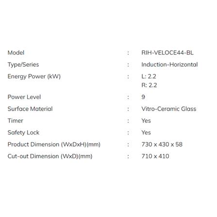 RUBINE INDUCTION HOB RIH-VELOCE44-BL BLACK 73CM LEFT 2.2KW RIGHT 2.2KW