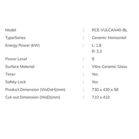 RUBINE CERAMIC HOB RCE-VULCAN40-BL 73CM