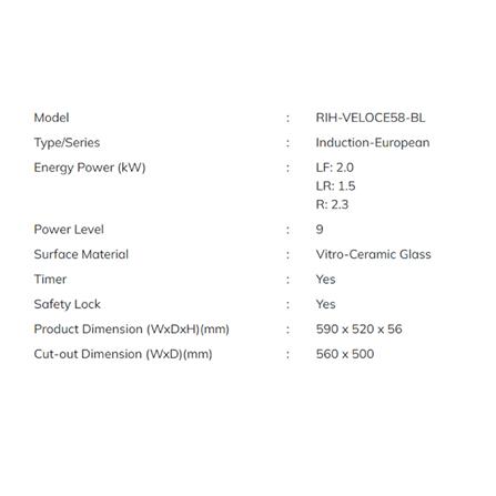 RUBINE INDUCTION HOB RIH-VELOCE58-BL BLACK 59CM