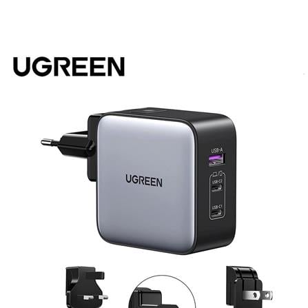 UGREEN 65W 2C1A WORLDWIDE TRAVEL GAN FAST CHARGER INTERCHANGEABLE UK/US/EU PLUGS