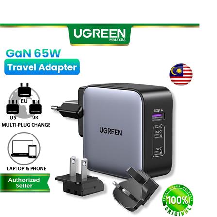 UGREEN 65W 2C1A WORLDWIDE TRAVEL GAN FAST CHARGER INTERCHANGEABLE UK/US/EU PLUGS