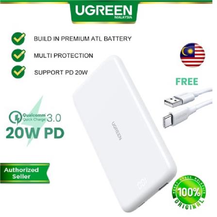 UGREEN 10000MAH ULTRA SLIM TWO-WAY FAST CHARGING 20W POWER BANK (WHITE)