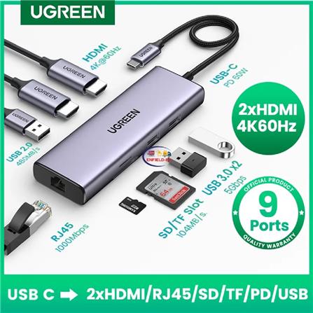 UGREEN USB-C TO 2*HDMI 4K@60HZ+1*USB-A 3.0+1*USB-C 3.0+2*USB-A 2.0+SD/TF+RJ45+PD