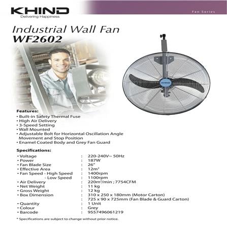 KDK INDUSTRIAL WALL FAN WF2602 26" 187W 2BLADE 3SPEED