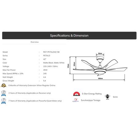 RUBINE CEILING FAN RCF-PETALO42-5B-MATTE BLACK 42"