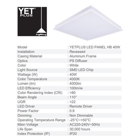 YETPLUS PRO LIGHT PANEL LP40W DAYLIGHT (6500K) CRI80 - SIRIM (4000lm) + LED Driver (PF0.9) WHITE 3"