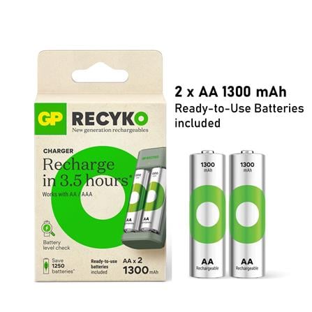 GP RECYKO 2-SLOT NiMH USB CHARGER E221 + 1300mAh AA 2S