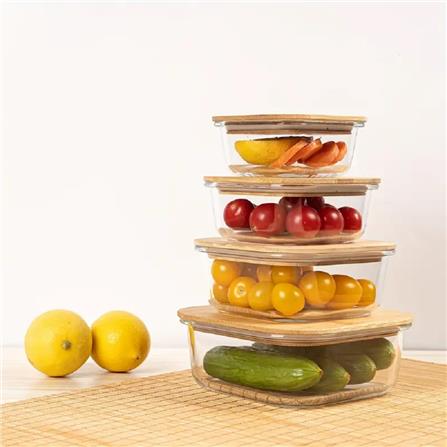 COSSY PLUS BOROSILICATE GLASS STORAGE CONTAINER 370ML WITH BAMBOO LID- RECTANGULAR