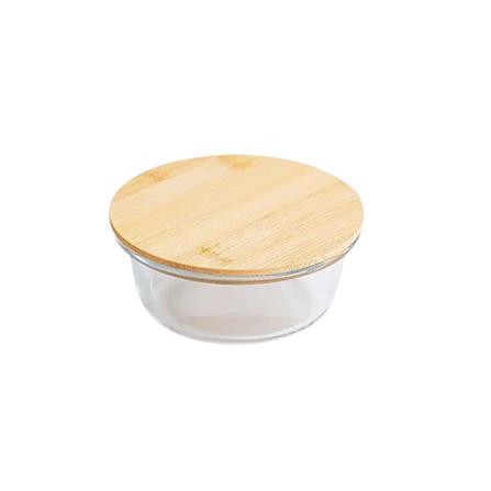 COSSY PLUS BOROSILICATE GLASS STORAGE CONTAINER 620ML WITH BAMBOO LID -ROUND