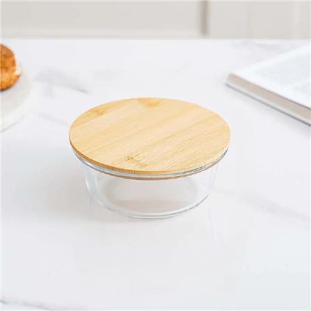 COSSY PLUS BOROSILICATE GLASS STORAGE CONTAINER 620ML WITH BAMBOO LID -ROUND