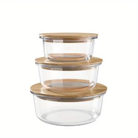 COSSY PLUS BOROSILICATE GLASS STORAGE CONTAINER 620ML WITH BAMBOO LID -ROUND