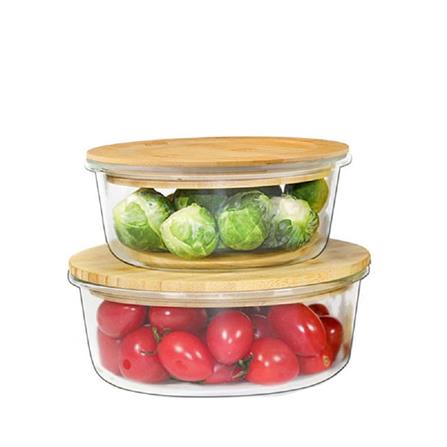 COSSY PLUS BOROSILICATE GLASS STORAGE CONTAINER WITH BAMBOO LID 400ML - ROUND