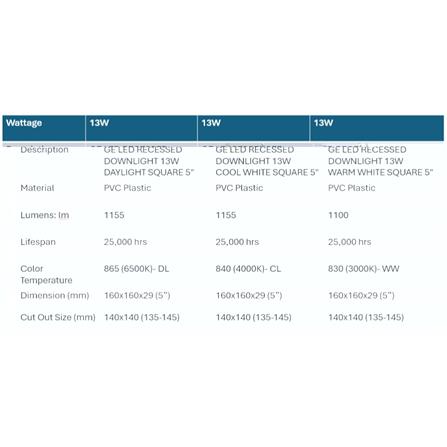 GE LED RECESSED DOWNLIGHT 13W DAYLIGHT SQUARE 5"