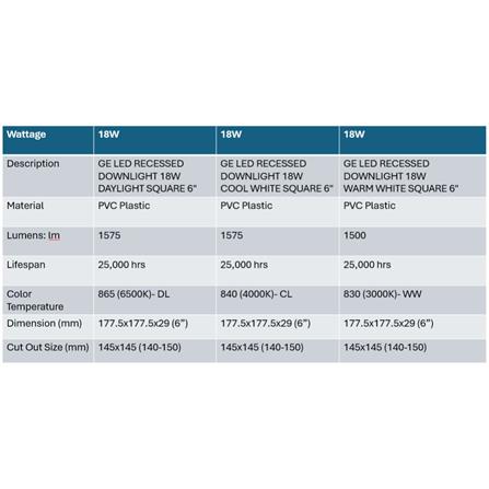 GE LED RECESSED DOWNLIGHT 18W DAYLIGHT SQUARE 6"