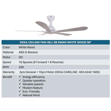 DEKA CEILING FAN HELI 5B SWAN WHITE WOOD 56"