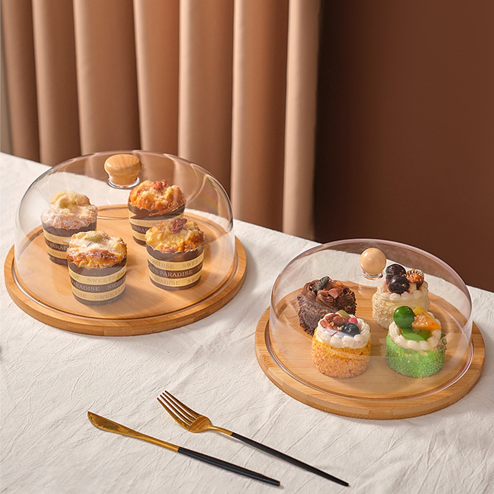 BAMBOO CAKE STAND WITH ACRYLIC LID 30CM