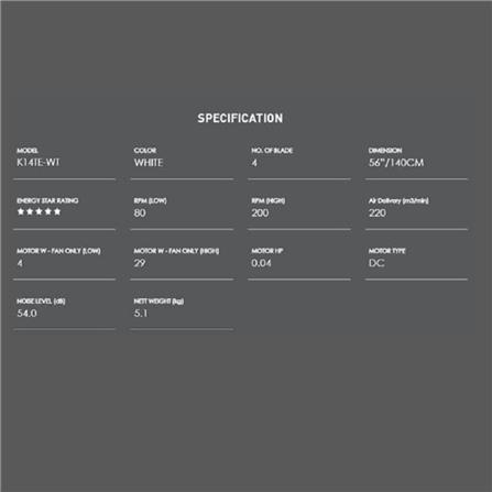 KDK CEILING FAN K14TE-WT WHITE 4B 56"