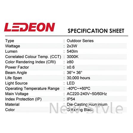 YETPLUS WALL OUTDOOR W7000-6 2x3W WARM WHITE (3000K) GLITTERING BLACK