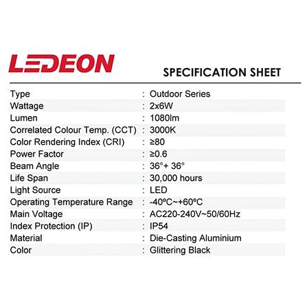 LEDEON WALL OUTDOOR W7000-12 2x6W WARM WHITE (3000K) GLITTERING BLACK